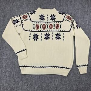 Vintage JCPenney Sweater Mens Large White Fair Isle Snowflake Mock Neck Knit